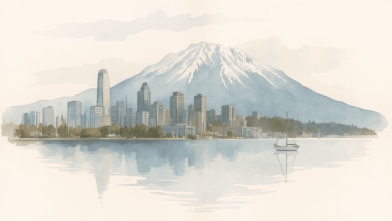 Watercolor painting of Vancouver — coastal mountains, downtown skyline, and the harbour